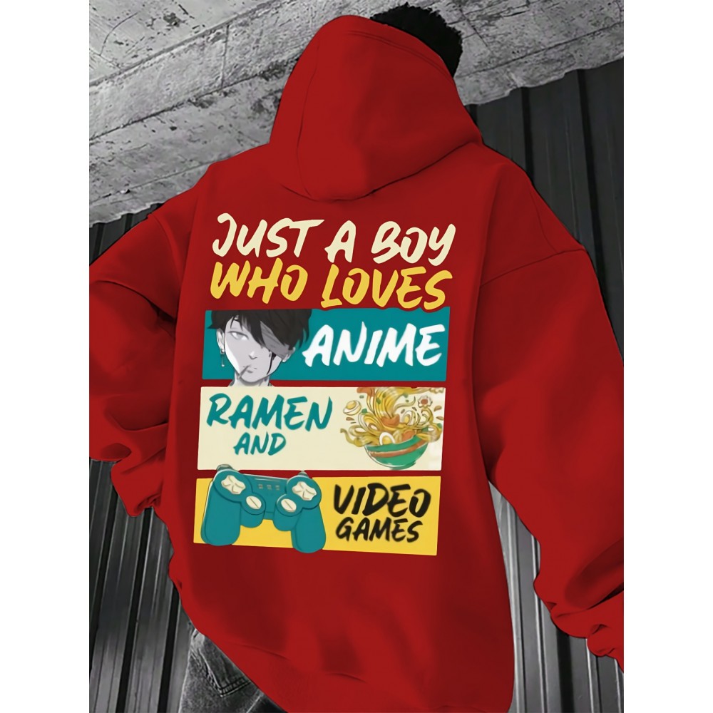 Men's Anime Ramen Video Games Graphic Hooded Sweatshirt - Anime Manga Pullover Hoodie with Teal Beige Yellow Print, Casual Winter Sweater for Gamers & Otaku