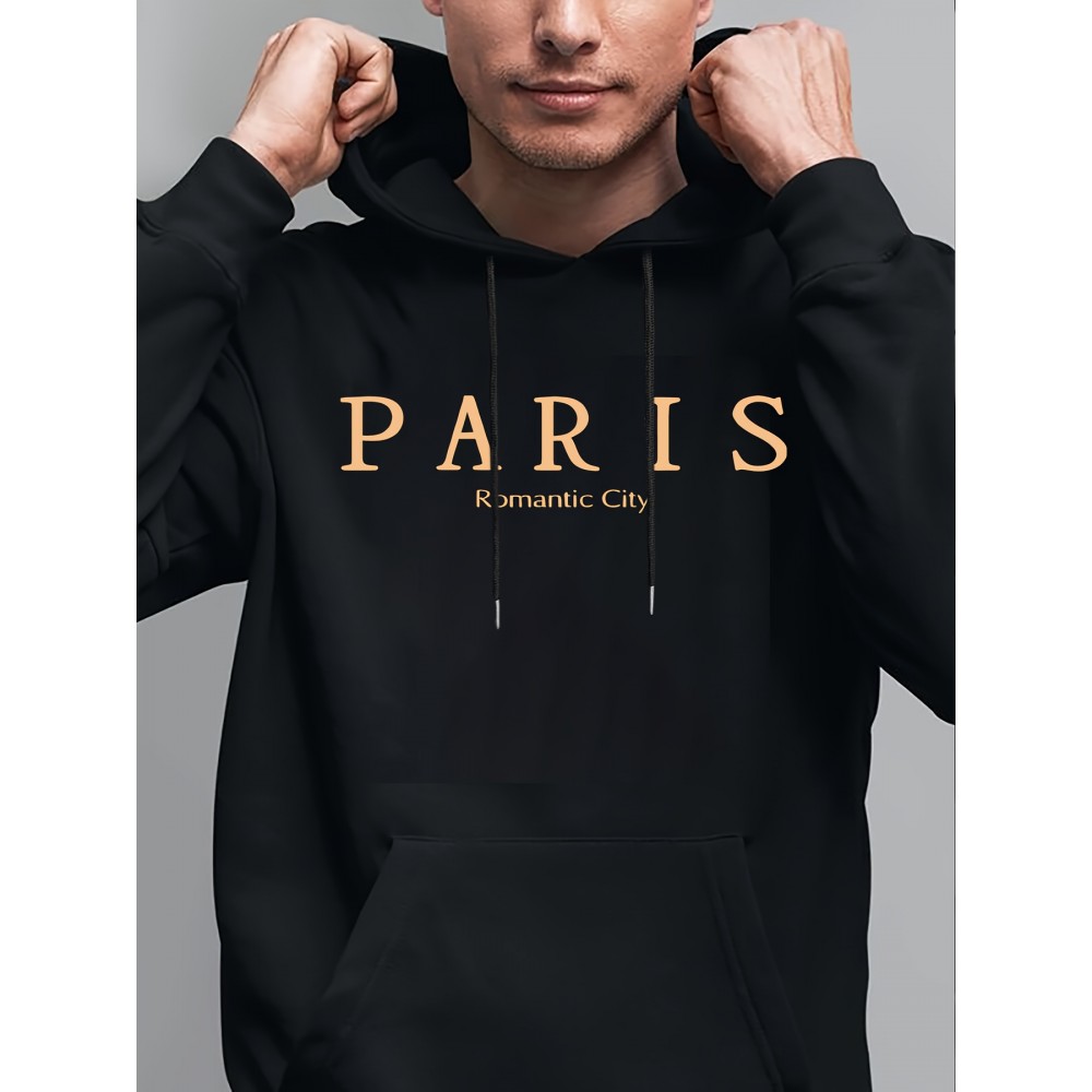 Men'S Oversized Hooded Sweatshirt with Paris Graphic Print & Kangaroo Pocket - Casual Streetwear Pullover, Drawstring Hood, Soft Comfortable Fabric, Round Neck Long Sleeve for Daily Wear, Outdoor Activities & Sports Style - Grey with Orange Lettering (No Belt, Regular Fit), Sudadera De Hombre, Hoodie For Men, Men Hoodie