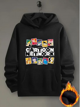 [Trendy Cartoon Hoodie] Trendy Casual Hoodie - Men's Cartoon Network Graphic Pullover, Blue Loose Fit Long Sleeve Hooded Sweatshirt with Vibrant Character Print, Comfortable All-Season Sweater Hoodie