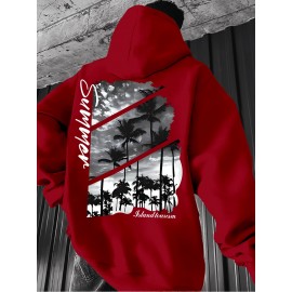Men's Red Hoodie with Back Print Palm Tree & Cloud Sky Design, Diagonal Red Stripe Sunset Text - Warm Long Sleeve Pullover, Casual Sweatshirt for Fall/Winter, Regular Fit for islandleisurecom to style