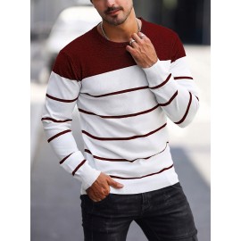 Men's Casual Striped Knit Pullover Sweater - Navy & White Contrast, Regular Fit H-Silhouette, Long Sleeve Crew Neck, Medium Stretch, Machine Washable for Spring & Fall, Medium-Stretch Fabric, Knit Sweater, Seasonal Clothing, Ribbed Detailing, Durable Construction, Versatile Top, Streetwear Style