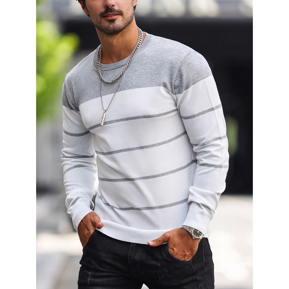 Men's Casual Striped Knit Pullover Sweater - Navy & White Contrast, Regular Fit H-Silhouette, Long Sleeve Crew Neck, Medium Stretch, Machine Washable for Spring & Fall, Medium-Stretch Fabric, Knit Sweater, Seasonal Clothing, Ribbed Detailing, Durable Construction, Versatile Top, Streetwear Style