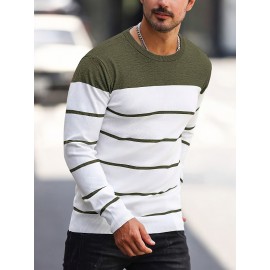 Men's Casual Striped Knit Pullover Sweater - Navy & White Contrast, Regular Fit H-Silhouette, Long Sleeve Crew Neck, Medium Stretch, Machine Washable for Spring & Fall, Medium-Stretch Fabric, Knit Sweater, Seasonal Clothing, Ribbed Detailing, Durable Construction, Versatile Top, Streetwear Style