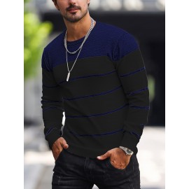 Men's Casual Striped Knit Pullover Sweater - Navy & White Contrast, Regular Fit H-Silhouette, Long Sleeve Crew Neck, Medium Stretch, Machine Washable for Spring & Fall, Medium-Stretch Fabric, Knit Sweater, Seasonal Clothing, Ribbed Detailing, Durable Construction, Versatile Top, Streetwear Style