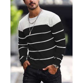 Men's Casual Striped Knit Pullover Sweater - Navy & White Contrast, Regular Fit H-Silhouette, Long Sleeve Crew Neck, Medium Stretch, Machine Washable for Spring & Fall, Medium-Stretch Fabric, Knit Sweater, Seasonal Clothing, Ribbed Detailing, Durable Construction, Versatile Top, Streetwear Style