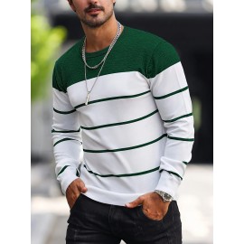 Men's Casual Striped Knit Pullover Sweater - Navy & White Contrast, Regular Fit H-Silhouette, Long Sleeve Crew Neck, Medium Stretch, Machine Washable for Spring & Fall, Medium-Stretch Fabric, Knit Sweater, Seasonal Clothing, Ribbed Detailing, Durable Construction, Versatile Top, Streetwear Style