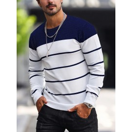 Men's Casual Striped Knit Pullover Sweater - Navy & White Contrast, Regular Fit H-Silhouette, Long Sleeve Crew Neck, Medium Stretch, Machine Washable for Spring & Fall, Medium-Stretch Fabric, Knit Sweater, Seasonal Clothing, Ribbed Detailing, Durable Construction, Versatile Top, Streetwear Style