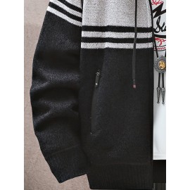 autumn and winter new casual striped hooded knitted sweater for middle-aged and young men, fashionable jacket, Seasonal Clothing, Everyday Sweater, Stylish Outerwear, Trendy Jacket, Warm Material, Pullover Jacket, Men's Sweater, Urban Style