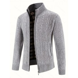 Men's Business Cable-Knit Sweater Jacket with Stand-Up Collar - Machine Washable Gray Winter Office Sweater Coat, Long Sleeve Casual to Meeting Wear, Gym Compatible for Professional & Everyday Use - Solid Color Mature Style