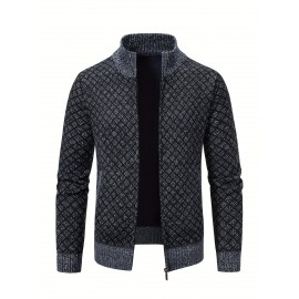 Men's Slim-Fit Thick Winter Knit Jacket with Stand Collar & Plaid Pattern - Warm Coat for Cold Weather, Casual Outerwear for Office or Everyday Use, Layering Piece under Suit Coats (Novelty Category)