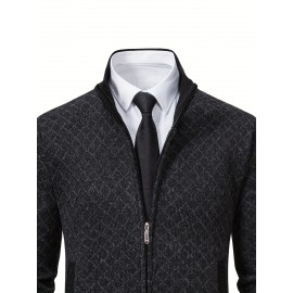 Men's Slim-Fit Thick Winter Knit Jacket with Stand Collar & Plaid Pattern - Warm Coat for Cold Weather, Casual Outerwear for Office or Everyday Use, Layering Piece under Suit Coats (Novelty Category)