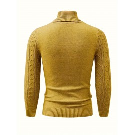 Men's Mustard Yellow High Neck Cable-Knit Sweater - Soft Stretchy Mid-Weight Pullover, Regular Fit Casual & Formal Wear, Hand Wash Only, Classic Comfort for Everyday, Pullover Style, Ribbed Cuffs