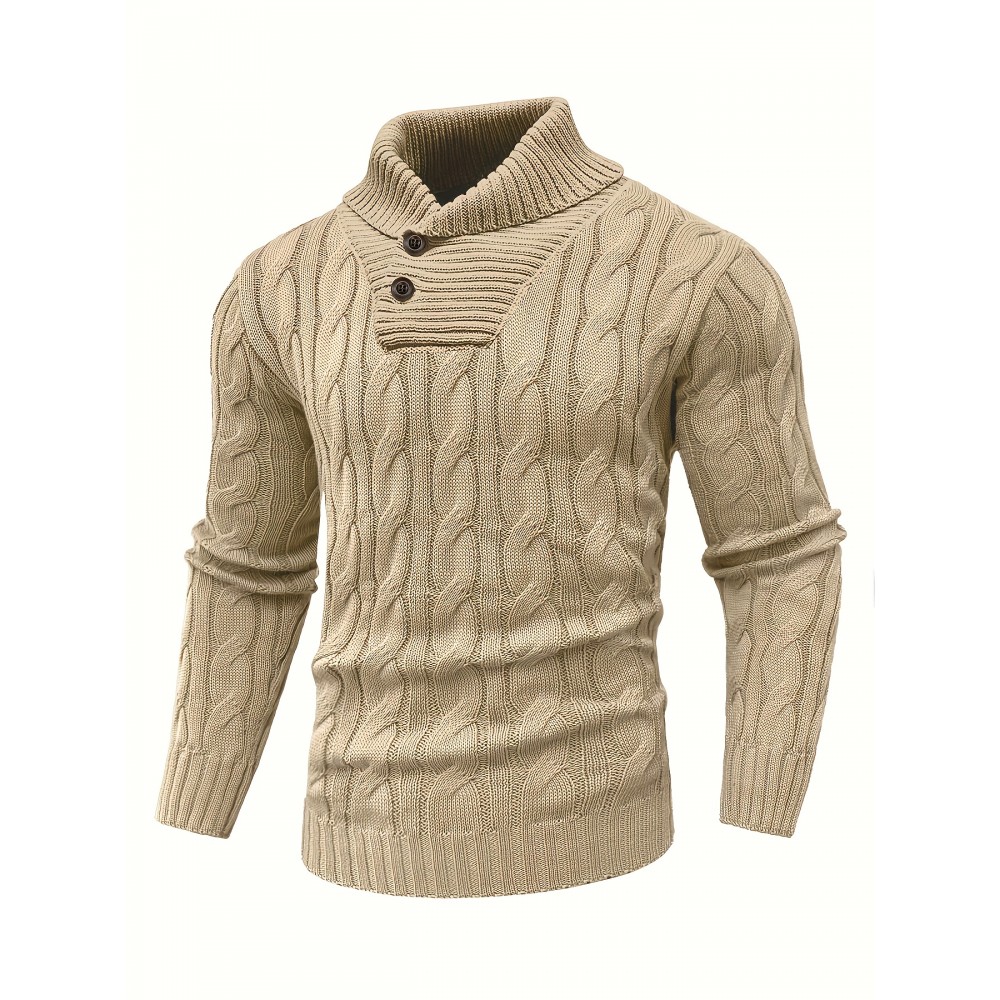 Men'S Lapel Pullover Cable Knit Long Sleeve Warm Sweater