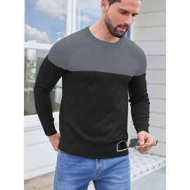 Men'S Casual Long Sleeve Crew Neck Sweater - & Grey Color Block Design, Soft Stretchy Fabric, Regular Fit, Spring/Fall Essential for Casual Attire, Knit, Spring Fall Clothing, Classic Knitwear, Comfortable Knitwear