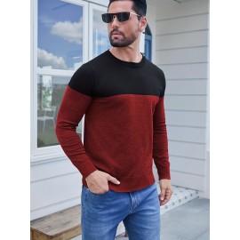 Men'S Casual Long Sleeve Crew Neck Sweater - & Grey Color Block Design, Soft Stretchy Fabric, Regular Fit, Spring/Fall Essential for Casual Attire, Knit, Spring Fall Clothing, Classic Knitwear, Comfortable Knitwear