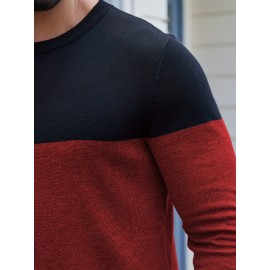 Men'S Casual Long Sleeve Crew Neck Sweater - & Grey Color Block Design, Soft Stretchy Fabric, Regular Fit, Spring/Fall Essential for Casual Attire, Knit, Spring Fall Clothing, Classic Knitwear, Comfortable Knitwear