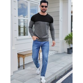 Men'S Casual Long Sleeve Crew Neck Sweater - & Grey Color Block Design, Soft Stretchy Fabric, Regular Fit, Spring/Fall Essential for Casual Attire, Knit, Spring Fall Clothing, Classic Knitwear, Comfortable Knitwear