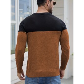 Men'S Casual Long Sleeve Crew Neck Sweater - & Grey Color Block Design, Soft Stretchy Fabric, Regular Fit, Spring/Fall Essential for Casual Attire, Knit, Spring Fall Clothing, Classic Knitwear, Comfortable Knitwear