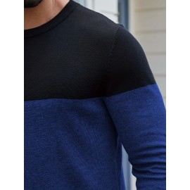 Men'S Casual Long Sleeve Crew Neck Sweater - & Grey Color Block Design, Soft Stretchy Fabric, Regular Fit, Spring/Fall Essential for Casual Attire, Knit, Spring Fall Clothing, Classic Knitwear, Comfortable Knitwear