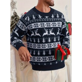 Men's Christmas Knit Sweater - Loose Fit Round Neck Pullover, Traditional Holiday Party Attire, Winter Wedding & Xmas Party Outfit, Cozy Autumn/Winter Sweaters for men, Christmas Gift (Hand Washable)
