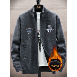 Men'S Thick Warm Winter Jacket with Plush - Geometric Pattern Full-Zip Casual Coat, Stand Collar & Long Sleeve, Grey/Navy, Versatile Outerwear for Everyday & Semi-Formal Occasions, Durable & Comfortable Cold-Weather Coat