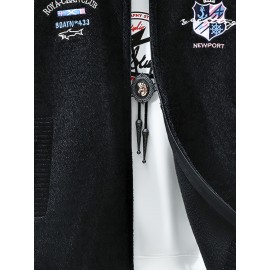 Men'S Thick Warm Winter Jacket with Plush - Geometric Pattern Full-Zip Casual Coat, Stand Collar & Long Sleeve, Grey/Navy, Versatile Outerwear for Everyday & Semi-Formal Occasions, Durable & Comfortable Cold-Weather Coat