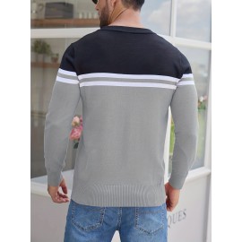 Men'S Thermal Long Sleeve Sweater - Winter Warmth Pullover with Striped Collar, H-Line Silhouette, Soft Stretchy Fabric for Office, Formal, Knit, Winter Sweater For Men, Winter Clothes For Men, Winter Clothes For Women, Winter Clothes For Women Plus