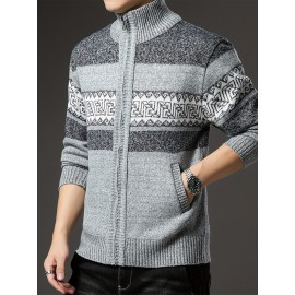 Men'S Winter Warm Jacquard Cardigan Sweater - Full-Zip Stand Collar Long Sleeve Coat with Full-Zip Front Closure, / Contrast, Casual to Formal Outerwear, Regular Fit for Fall & Winter, Versatile Everyday & Formal Wear, Durable Knit Construction