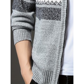 Men'S Winter Warm Jacquard Cardigan Sweater - Full-Zip Stand Collar Long Sleeve Coat with Full-Zip Front Closure, / Contrast, Casual to Formal Outerwear, Regular Fit for Fall & Winter, Versatile Everyday & Formal Wear, Durable Knit Construction