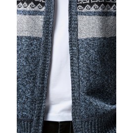 Men'S Winter Warm Jacquard Cardigan Sweater - Full-Zip Stand Collar Long Sleeve Coat with Full-Zip Front Closure, / Contrast, Casual to Formal Outerwear, Regular Fit for Fall & Winter, Versatile Everyday & Formal Wear, Durable Knit Construction