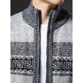 Men'S Winter Warm Jacquard Cardigan Sweater - Full-Zip Stand Collar Long Sleeve Coat with Full-Zip Front Closure, / Contrast, Casual to Formal Outerwear, Regular Fit for Fall & Winter, Versatile Everyday & Formal Wear, Durable Knit Construction