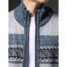 Men'S Winter Warm Jacquard Cardigan Sweater - Full-Zip Stand Collar Long Sleeve Coat with Full-Zip Front Closure, / Contrast, Casual to Formal Outerwear, Regular Fit for Fall & Winter, Versatile Everyday & Formal Wear, Durable Knit Construction