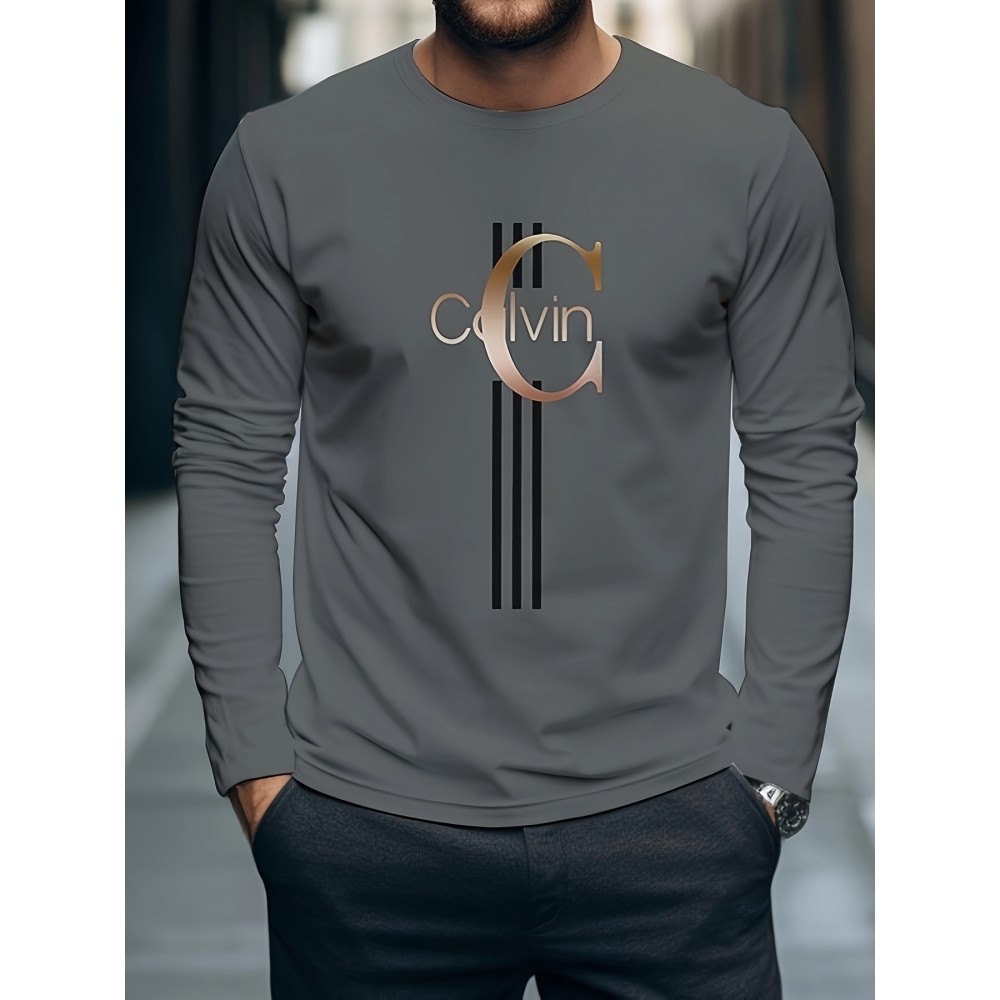Men'S Casual Long Sleeve T-Shirt with Calvin Letter Print - Green, Round Neck, Stretch Fabric, All-Season Comfort, Regular Fit, Everyday Tshirt | Relaxed Fit Shirt | Comfortable Fit