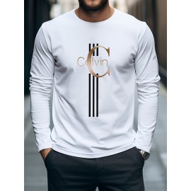 Men'S Casual Long Sleeve T-Shirt with Calvin Letter Print - Green, Round Neck, Stretch Fabric, All-Season Comfort, Regular Fit, Everyday Tshirt | Relaxed Fit Shirt | Comfortable Fit