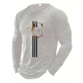 Men'S Casual Long Sleeve T-Shirt with Calvin Letter Print - Green, Round Neck, Stretch Fabric, All-Season Comfort, Regular Fit, Everyday Tshirt | Relaxed Fit Shirt | Comfortable Fit