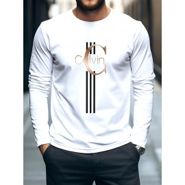 Men'S Casual Long Sleeve T-Shirt with Calvin Letter Print - Green, Round Neck, Stretch Fabric, All-Season Comfort, Regular Fit, Everyday Tshirt | Relaxed Fit Shirt | Comfortable Fit