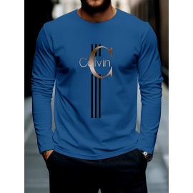 Men'S Casual Long Sleeve T-Shirt with Calvin Letter Print - Green, Round Neck, Stretch Fabric, All-Season Comfort, Regular Fit, Everyday Tshirt | Relaxed Fit Shirt | Comfortable Fit