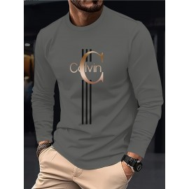 Men'S Casual Long Sleeve T-Shirt with Calvin Letter Print - Green, Round Neck, Stretch Fabric, All-Season Comfort, Regular Fit, Everyday Tshirt | Relaxed Fit Shirt | Comfortable Fit