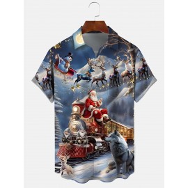 Men's Vintage Christmas Santa Claus Print Short Sleeve Dress Shirt with Collar & Pocket - Single-Button Closure, Machine Washable Holiday Party Attire, Pocket Square Compatible (Santa & Reindeer/Elf Patterns) - Summer Button