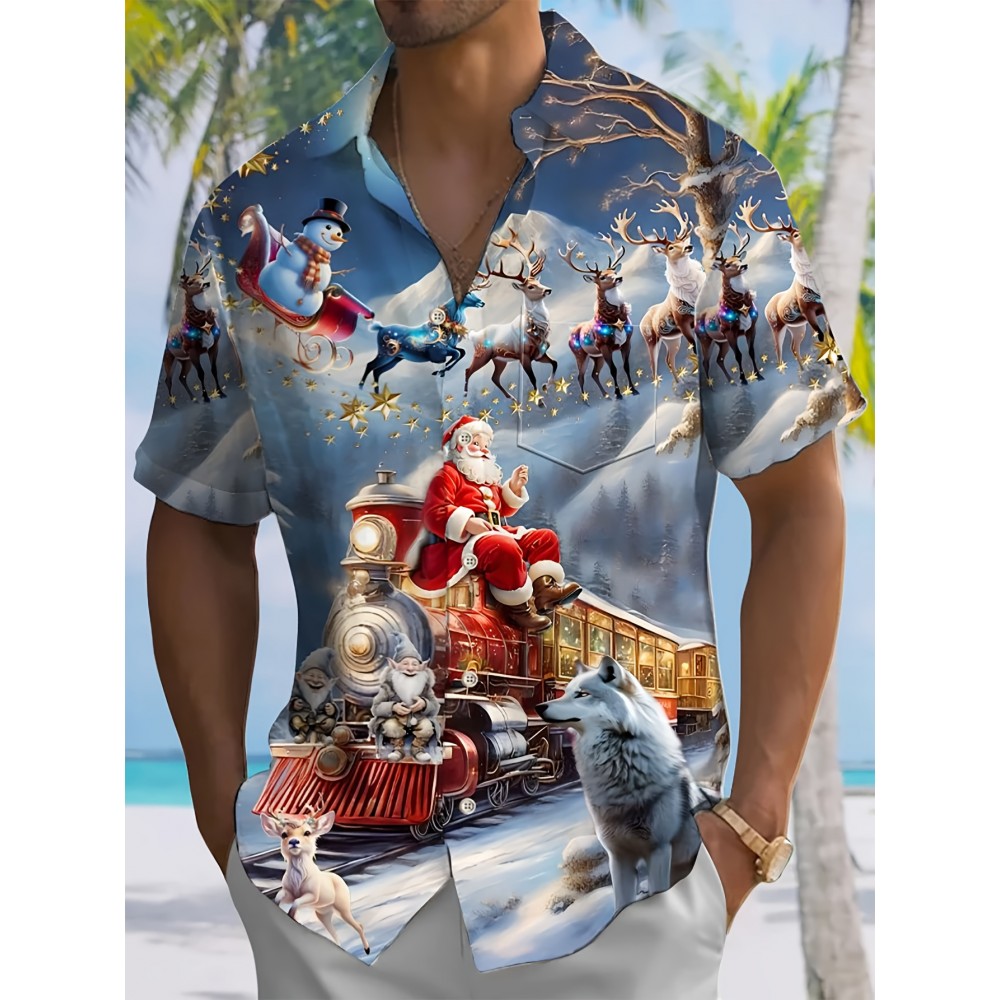 Men's Vintage Christmas Santa Claus Print Short Sleeve Dress Shirt with Collar & Pocket - Single-Button Closure, Machine Washable Holiday Party Attire, Pocket Square Compatible (Santa & Reindeer/Elf Patterns) - Summer Button