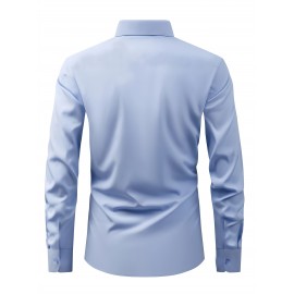 Men'S Polyester Casual Dress Shirt - Solid Color, Button-Up, Lapel Collar, Moderate Stretch, Comfortable Design for All Seasons, 120g/㎡, Casual Wear|Modern Casual Shirt|Sleek Appearance