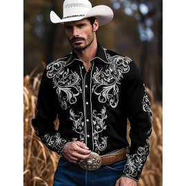 Men'S Western Cowboy Shirt - Non-Stretch Polyester Formality - Button-Up Long Sleeve with Classic collar - Rustic Western Style Blouse for Ranch, Themed Events, Casual Attire - Durable Cowboy Attire, Country Boy Outfit, Ranch Clothing, Floral Print Design, Sturdy Construction, Casual Wearers