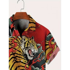 Men's Japanese Ukiyo-e Tiger Shirt - Bold Red & Black Flame Button-Up, Lightweight Non-See-Through Fabric, Regular Fit Casual Shirt for Everyday & Formal Events, Plus Size Available, Summer Outfit, Digital Heat Transfer