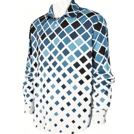 Men's Boho Chic Long Sleeve Shirt - Green & White Geometric Pattern, Machine Washable, Polyester Button-Up with Lapel Collar for Spring/Fall