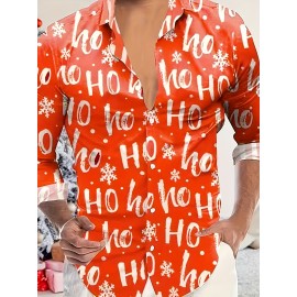 Men'S 3D Print Cartoon Christmas Snowflake & HO HO HO All-Over Print Long Sleeve Button-Up Shirt - Red with Snowflakes, Casual Holiday & Casual Attire, All-Season Comfort, Regular Fit, Easy-Care Fabric for Parties & Casual Outfits