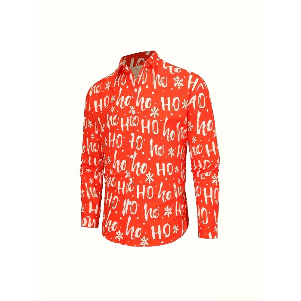 Men'S 3D Print Cartoon Christmas Snowflake & HO HO HO All-Over Print Long Sleeve Button-Up Shirt - Red with Snowflakes, Casual Holiday & Casual Attire, All-Season Comfort, Regular Fit, Easy-Care Fabric for Parties & Casual Outfits