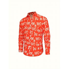 Men'S 3D Print Cartoon Christmas Snowflake & HO HO HO All-Over Print Long Sleeve Button-Up Shirt - Red with Snowflakes, Casual Holiday & Casual Attire, All-Season Comfort, Regular Fit, Easy-Care Fabric for Parties & Casual Outfits