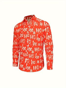 Men'S 3D Print Cartoon Christmas Snowflake & HO HO HO All-Over Print Long Sleeve Button-Up Shirt - Red with Snowflakes, Casual Holiday & Casual Attire, All-Season Comfort, Regular Fit, Easy-Care Fabric for Parties & Casual Outfits