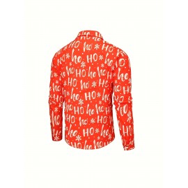 Men'S 3D Print Cartoon Christmas Snowflake & HO HO HO All-Over Print Long Sleeve Button-Up Shirt - Red with Snowflakes, Casual Holiday & Casual Attire, All-Season Comfort, Regular Fit, Easy-Care Fabric for Parties & Casual Outfits