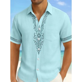 Men'S Floral Print Ethnic Floral Shirt - Light Blue Short Sleeve Button-Up with Intricate White & Green Floral Design, Vintage-Inspired Summer Casual Wear, Non-Stretch Fabric, Perfect for Beach or Vacation, Beach Attire, Vacation Style, Elegant Lapel Collar, Nonstretch Fabric, Men Shirt Short Sleeve, Shirt For Men, Men Shirt, Men Clothe, Shirt For Men Stylish